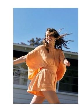 Free People Orange Flowy Romper with Dolman Sleeves